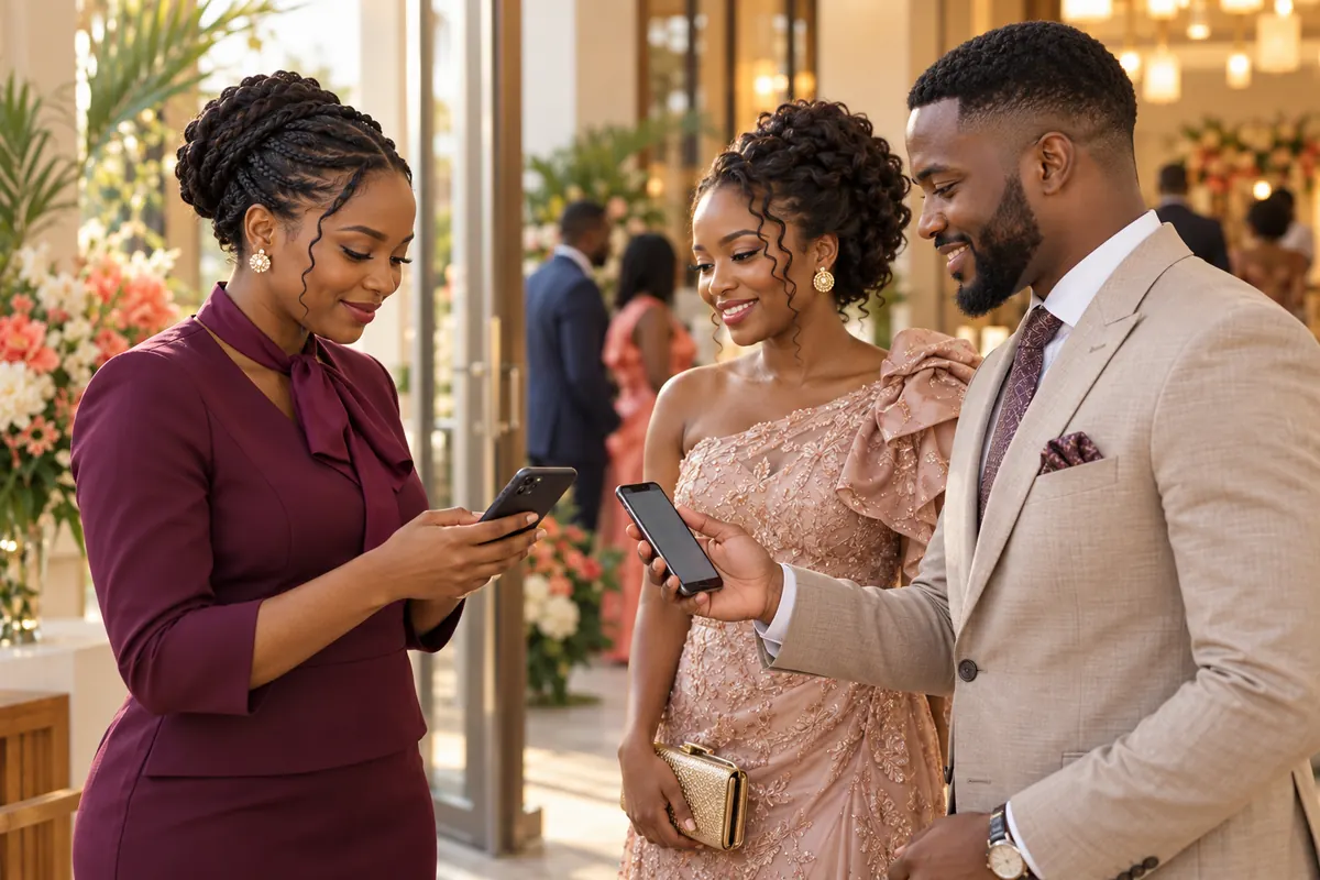 Hôtesse vérifiant sur son téléphone le pass d’un couple d’invités à l’entrée de la réception (visuel de démonstration)